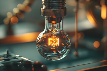 Poster - a close-up of a glowing edison bulb with a steampunk vibe showcasing intricate filaments. suitable f