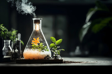 Poster - A laboratory flask houses vibrant flora lit from within emitting ethereal smoke. Apply to scientific educational material or fantasy worldbuilding. 