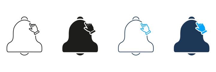 Poster - Bell Notification With Hand Gesture Line And Solid Icon Set. Alert Activation, Reminder, And Interaction Symbol Collection. User Engagement And Interface Design. Isolated Vector Illustration