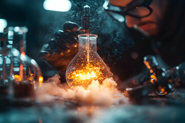 Poster - A mysterious alchemist working with glowing chemicals in a smoky lab. Great for fantasy stories or science fiction art. Visualize magic and science.