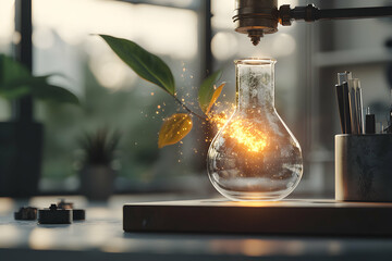 Poster - Conceptual image of scientific innovation. Shows a flask glowing with energy and leaves symbolizing natural resources. A metaphor for sustainable science and new discoveries.
