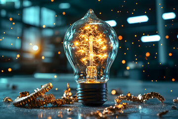 Leinwandbilder - A glowing lightbulb with intricate filaments. Idea generation. Spark creativity. Apply for tech presentations or website backgrounds.