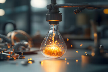 Leinwandbilder - A captivating image of a lightbulb-shaped glass filled with golden particles illuminated by a mysterious device. Perfect for science fiction or tech presentations.