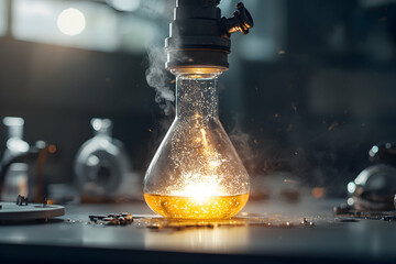Poster - A captivating lab scene. An illuminated flask hints at science magic. Use it for articles on scientific discovery or to highlight the energy of innovation.