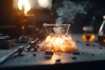 Poster - Laboratory setup with a chemical reaction in progress. Use it for scientific publications or to evoke curiosity and mystery in science-themed projects.
