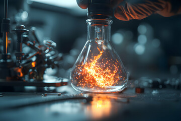 Poster - A science lab flask with glowing energy inside. Suitable for science education posters or illustrating futuristic technology concepts.
