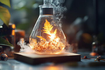 Poster - A glowing fern encapsulated in glass. It suggests magical potions or alchemical experiments. Perfect for fantasy art or book covers about alchemy.