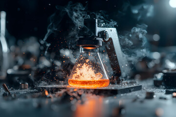 Poster - a captivating image depicting a chemical reaction inside a flask. excellent visual for scientific ex