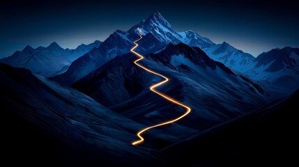 Poster - Mountain range with a long, winding road that leads to the top. The road is lit up with bright lights, creating a sense of excitement and adventure