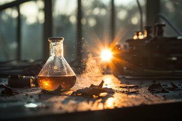 Poster - A captivating image showing a flask with liquid. Bright light and sparks suggest a chemical reaction. A visually appealing scene perfect for science or industrial themes.
