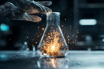Fototapete - A laboratory flask emits light as gloved hand approaches. Captivating shot of innovation chemistry experimentation. Perfect for science or technology-related visuals.