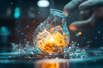 Leinwandbilder - A glowing substance contained within a glass vessel with dynamic water effects. Use as an artistic representation of energy science or research.