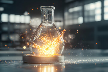 Poster - a glowing science flask symbolizing a discovery or experiment. it's a great visual for tech innovati