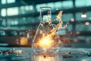 Poster - A glowing flask representing scientific discovery and energy. Suggests breakthroughs and innovation. Perfect for technology science and research visuals.