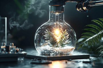 Poster - A glass flask holds miniature trees with a glowing center. Suggests a sci-fi experiment or a symbol of nature's resilience in technology. Ideal for tech-themed designs.