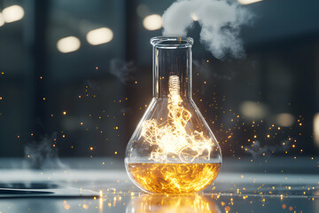Poster - A glowing science flask with energy inside. Suggests scientific discovery or a powerful chemical reaction. Ideal for science-themed illustrations or educational content.