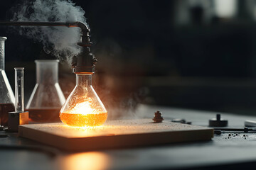 Poster - A glowing beaker in a laboratory setting. Steam rises indicating a reaction. Perfect for illustrations scientific research or educational purposes.