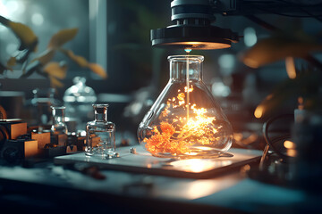 Leinwandbilder - A futuristic lab scene showcases a glowing Erlenmeyer flask. The experiment possibly involves bioluminescence or advanced chemical reactions. Application: Medical research and scientific visualization