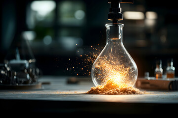 Poster - A glowing flask in a lab setting. Suggests scientific discovery experimentation or advanced technology. Captivating and visually engaging artwork. Great for educational contexts.
