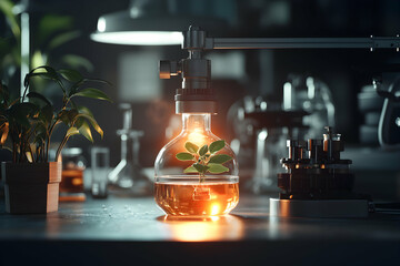 Poster - A futuristic lab scene with a glowing flask containing a plant. Suggesting bioengineering or sustainable science. Excellent for research and innovation visuals.