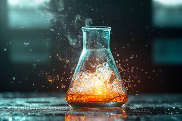 Poster - a glass beaker with a chemical reaction inside creating a visually striking effect. suitable for sci