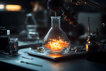Poster - A lab scene with a glowing substance inside a flask. The image evokes a sense of scientific discovery and experimentation. Could be used for scientific articles.