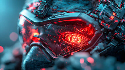Fototapete - A futuristic cyborg eye glows intensely within a mechanical head. It could be used for a sci-fi movie poster or as a concept art background.