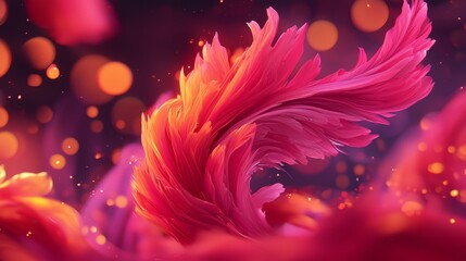 Poster - Pink feather with orange highlights is the main focus of the image. The pink and orange colors create a warm and vibrant mood, evoking feelings of energy and excitement