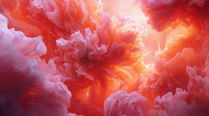 Poster - Pink cloud with a red flower in the middle. The flower is surrounded by pink clouds. The image has a dreamy, ethereal quality to it
