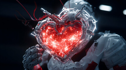 Poster - Futuristic cyborg holds a glowing heart. AI meets humanity. Suggests themes of love technology and emotions merging within a digital world. An idea for a sci-fi book.