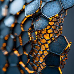Leinwandbilder - Abstract honeycomb structure with metallic texture and orange glowing light. Ideal for technology or futuristic design projects. Offers a modern aesthetic.