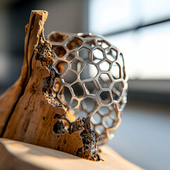 Leinwandbilder - A metal sculpture is displayed with natural wood. It features a hexagonal pattern resembling a honeycomb. It could decorate modern homes and offices.