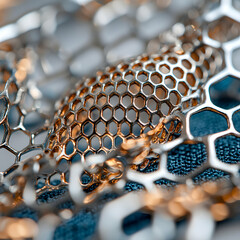 Fototapete - Macro shot of a metallic honeycomb structure. It presents a mesh-like design with hexagonal patterns. Consider applying this to architectural designs or jewelry.