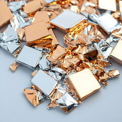 Poster - Close-up of scattered metallic squares and crumpled foil in silver gold and bronze. Excellent for festive backgrounds celebratory designs or product packaging visualization.