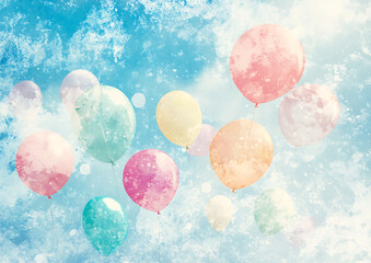 Poster - Colorful balloons floating in the sky, with pastel colors in a retro, vintage style. 
