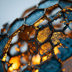 Poster - Abstract artwork featuring a cellular structure with blue and gold tones. Ideal for architectural design or futuristic themes. Use for wallpaper or digital art backgrounds.
