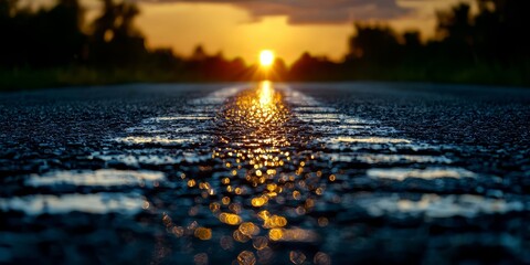 Poster - Road with a sun shining on it. The sun is in the sky and the road is wet
