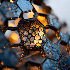 Leinwandbilder - A close-up abstract image featuring a metallic honeycomb structure with a warm glowing background suggesting energy or light. Ideal for artistic wallpapers or science-themed designs.