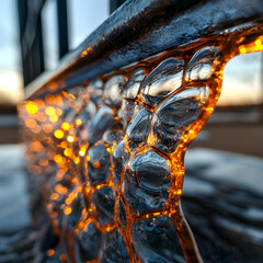 Poster - close-up of a railing possibly coated in ice reflecting warm sunlight. a beautiful display of textur