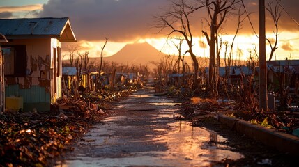 Fototapete - Road with houses on either side and a mountain in the background. The houses are in ruins and the road is flooded