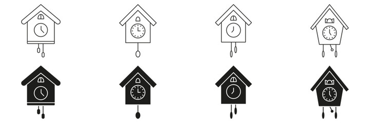 Poster - Cuckoo Clock Line And Solid Icon Set. Traditional Timekeeping And Home Decor Symbol Collection. Vintage Wall Clock Design Elements. Isolated Vector Illustration