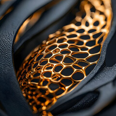 Poster - An abstract image showcasing a golden honeycomb structure within a dark textured material. Excellent for high-tech product design concepts or futuristic art.