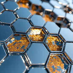 Leinwandbilder - Abstract composition showcasing reflective blue hexagons with a glowing golden interior. Ideal for futuristic or tech-themed visual projects such as website backgrounds.