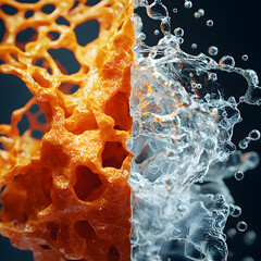 Poster - An artistic split image showcasing a contrast between porous orange substance and clear water splash. Great for scientific abstract and educational applications.