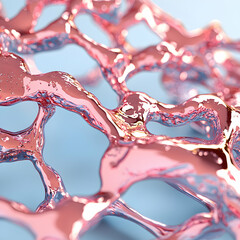 Leinwandbilder - Abstract cellular structure glistening liquid rose gold color on a soft blue background. Ideal for cosmetic products or medical research themes.