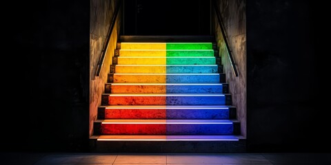 Aufkleber - Staircase with colorful lights on it. The lights are in different colors and are arranged in a rainbow pattern. The staircase is lit up, creating a vibrant and lively atmosphere