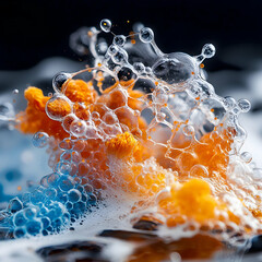 Poster - Abstract macro shot of colorful bubbles and foam with an ethereal look. Ideal for science articles or artistic visuals showcasing liquid dynamics.