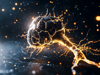 Poster - An artistic depiction of a neuron showcasing neural activity. Use it for science education or medical presentations. Add a futuristic visual element to any design.