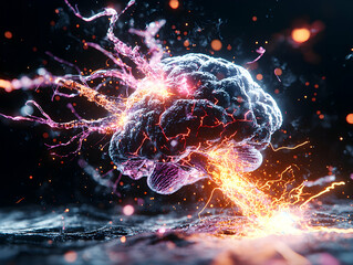 Poster - A dramatic digital artwork depicting a glowing brain with energy bursts. It visualizes neural activity and potential for human intellect and thought processes.  Perfect for neuroscience presentations.