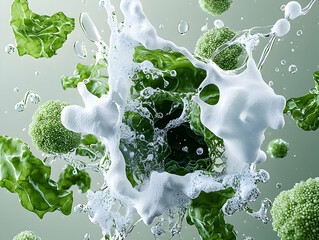 Poster - Abstract image of fresh vegetables submerged in water or a cleansing liquid. Suggests freshness and cleanliness perfect for health or food product advertisements.
